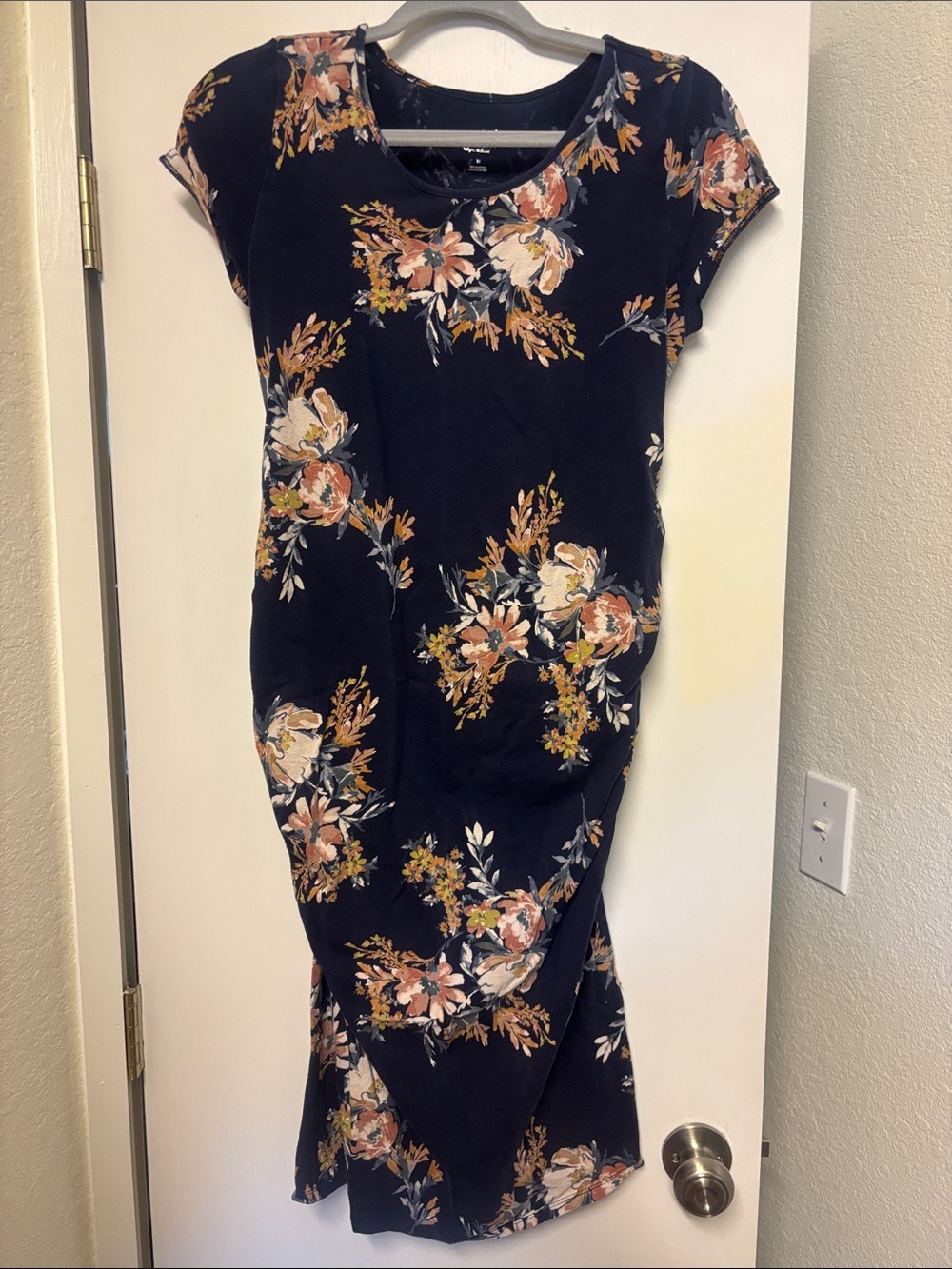 Floral Navy Blue Midi Dress with Peach and Cream Blooms
